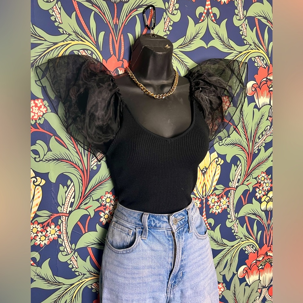 Black top with sheer butterfly sleeves